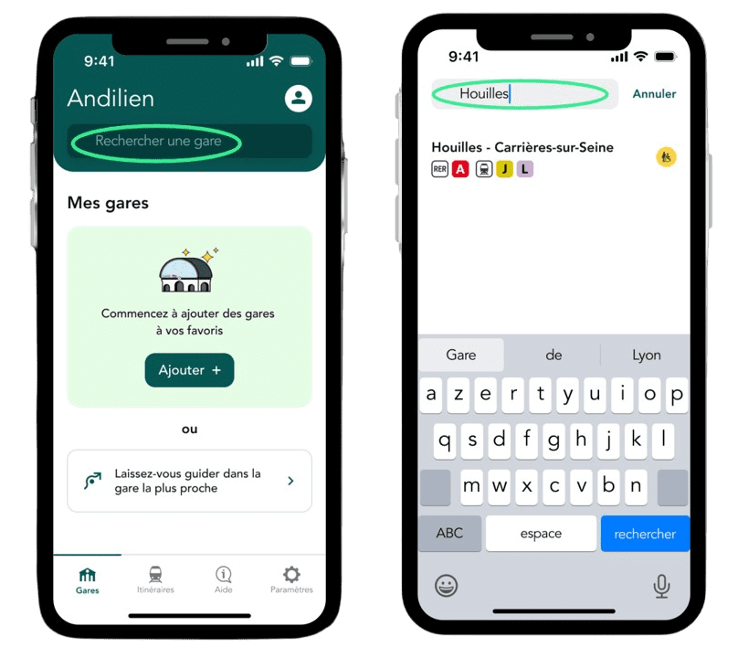 Rechercher une gare avec l'appli Andilien - captures d'écran