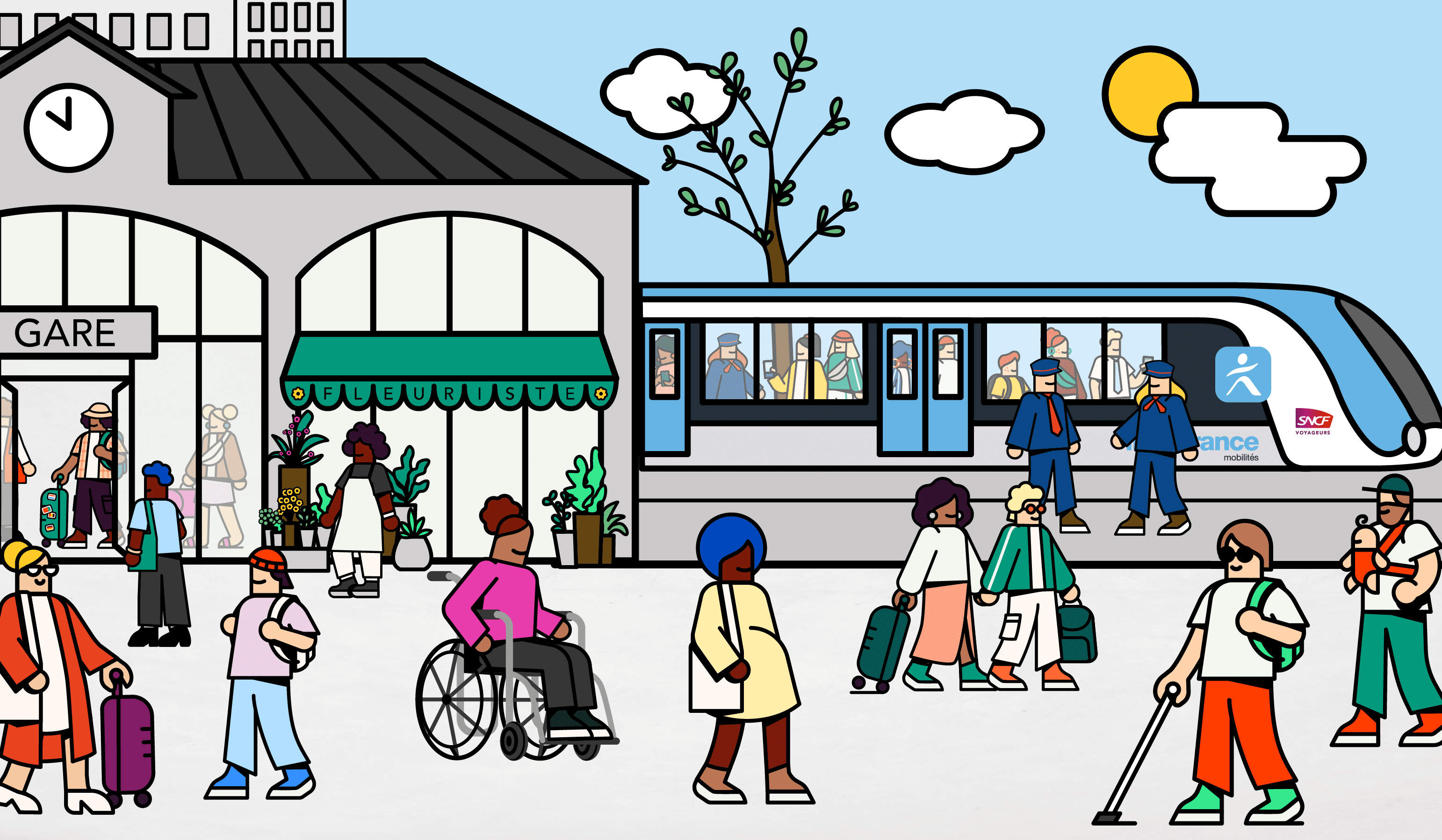 Illustration gare Transilien: train bleu, voyageurs variés, accessibilité, bagages, soleil.
