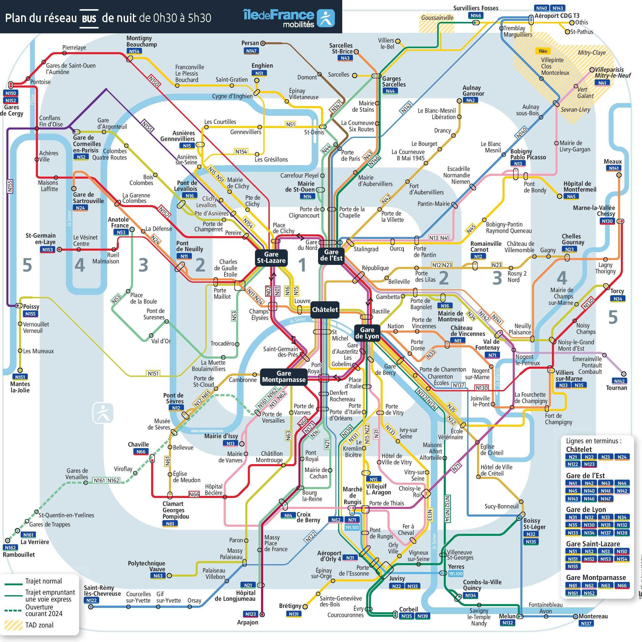 Plan général de bus de nuit - réseau Noctilien
