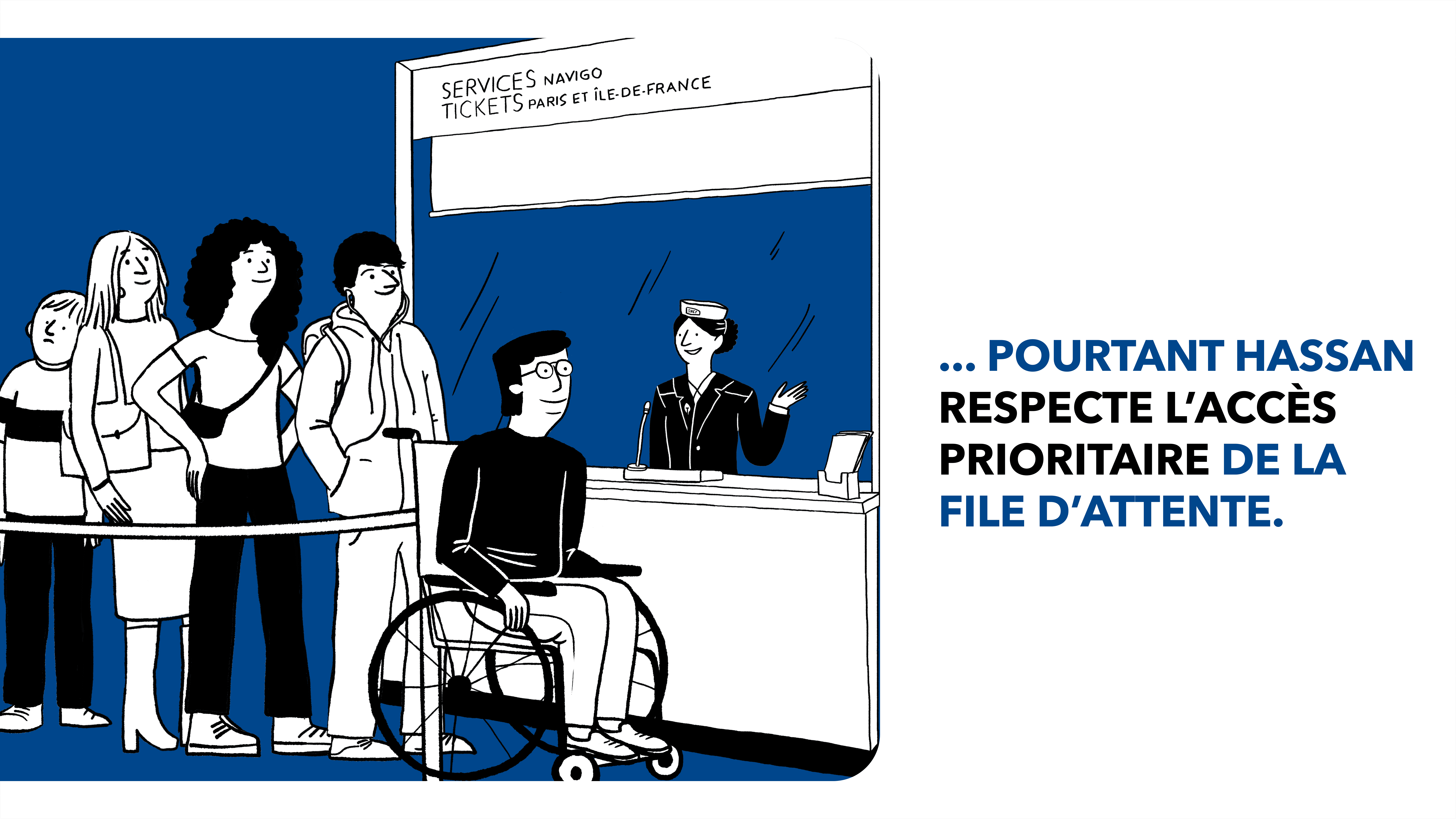 Illustration Hassan - Respect places prioritaires files d'attente guichet