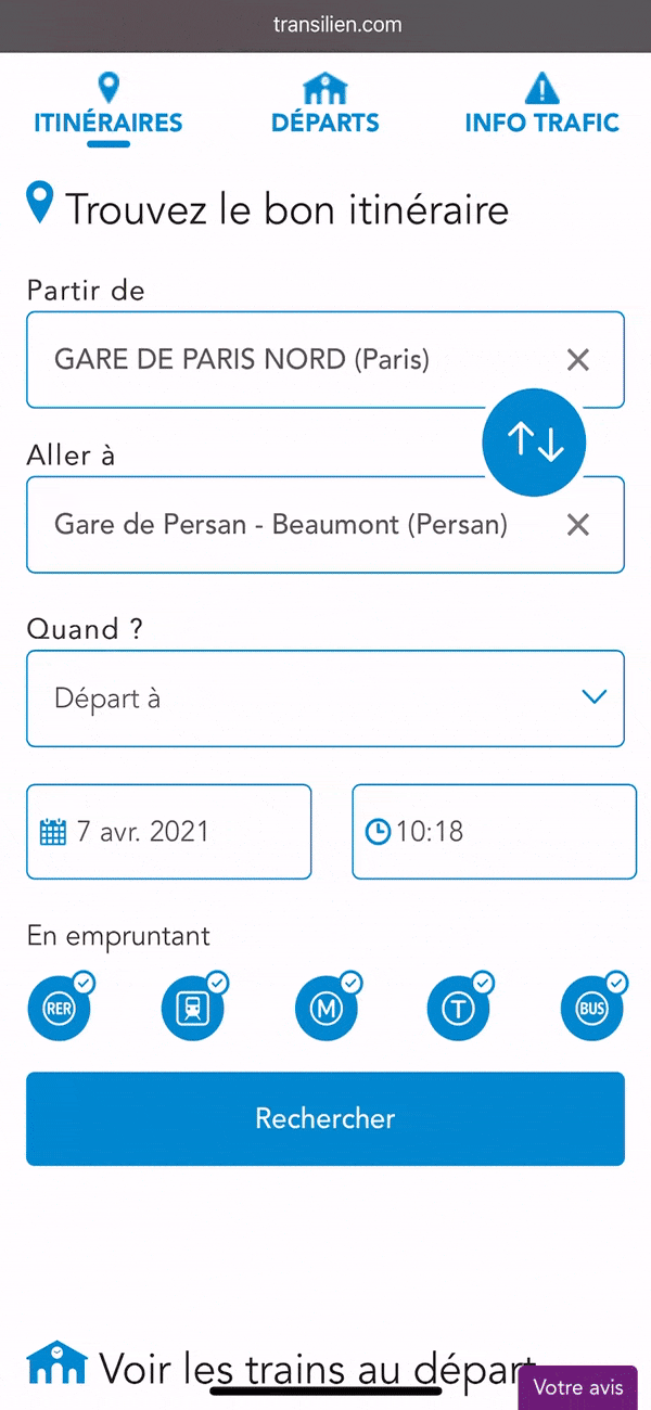 Aperçu de la recherche itinéraire avec l'information d'affluence à bord.