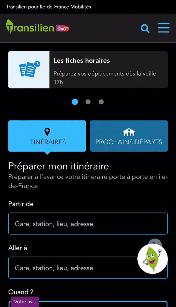 Aperçu d'une recherche dans le moteur Fiches Horaires