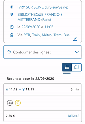 Vue cartographie dans les résultats de la recherche itinéraire