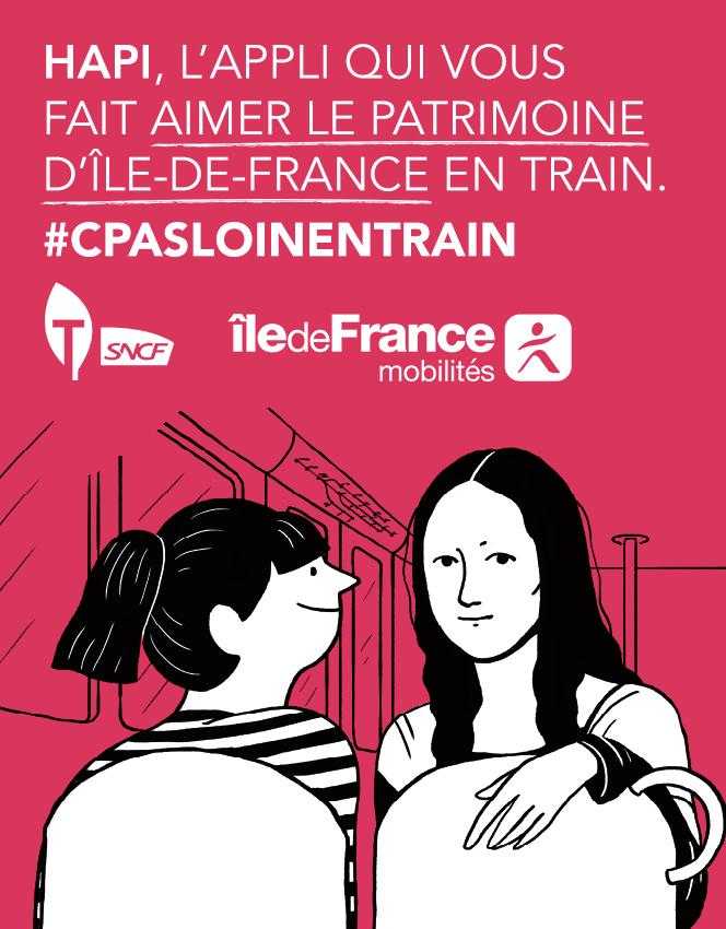 Hapi, l'appli qui vous fait aimer le patrimoine d'Île-de-France en train. #Cpasloinentrain. Logos Transilien.com et Île-de-France Mobilités