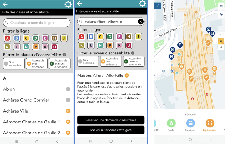 Exemple du détail de l'accessibilité de la gare de Maisons-Alfort - Alofrtville dans l'application Andilien. Une fois sur cette page il est possible de "Réserver une demande d'assistance" ou bien de "Me visualiser dans cette gare".