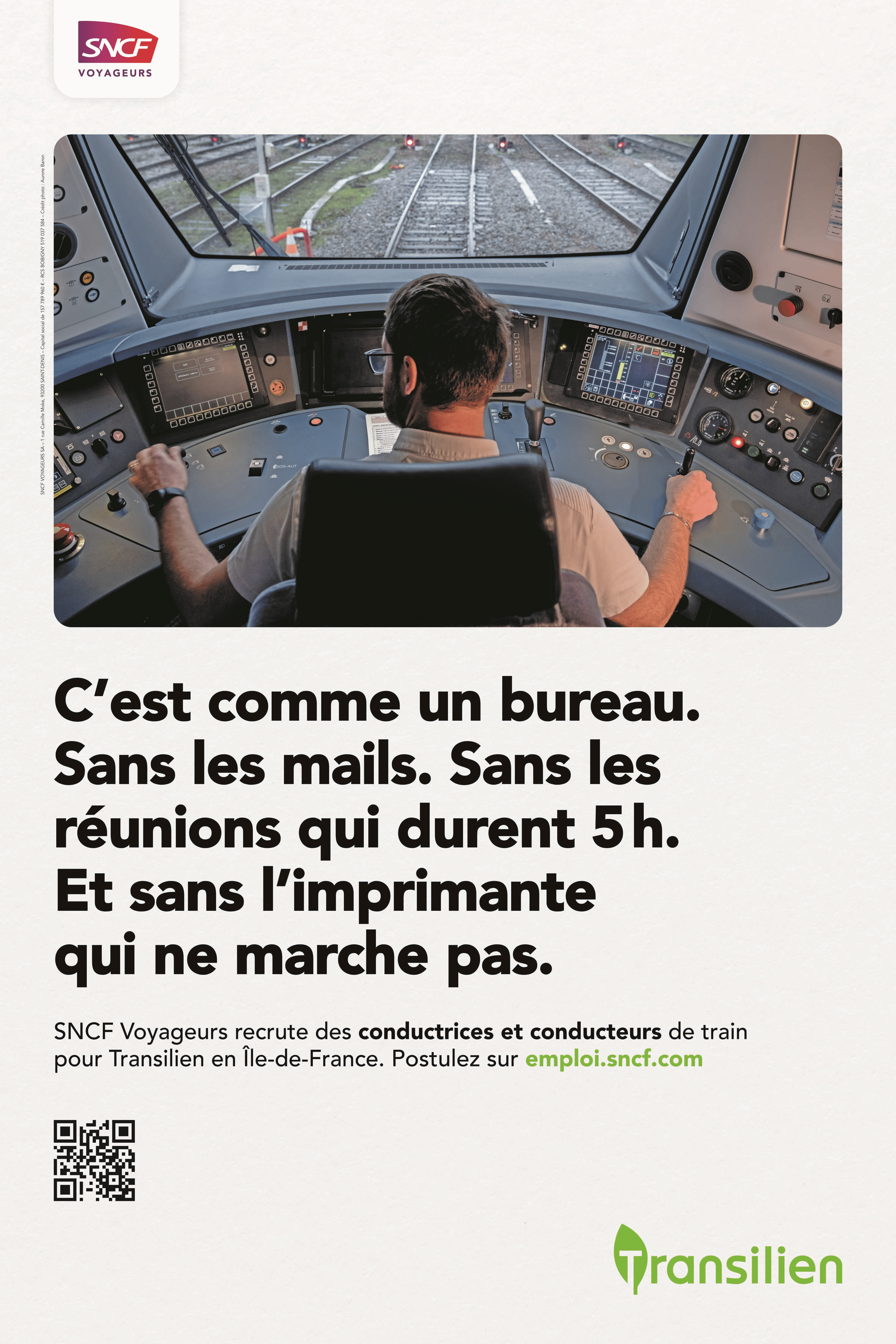 C'est comme un bureau. Sans les mails. Sans les réunions qui durent 5h. Et sans l'imprimante qui ne marche pas. SNCF Voyageurs recrute des conductrices et conducteurs de train pour Transilien en Île-de-France. Postulez sur emploi.sncf.com.