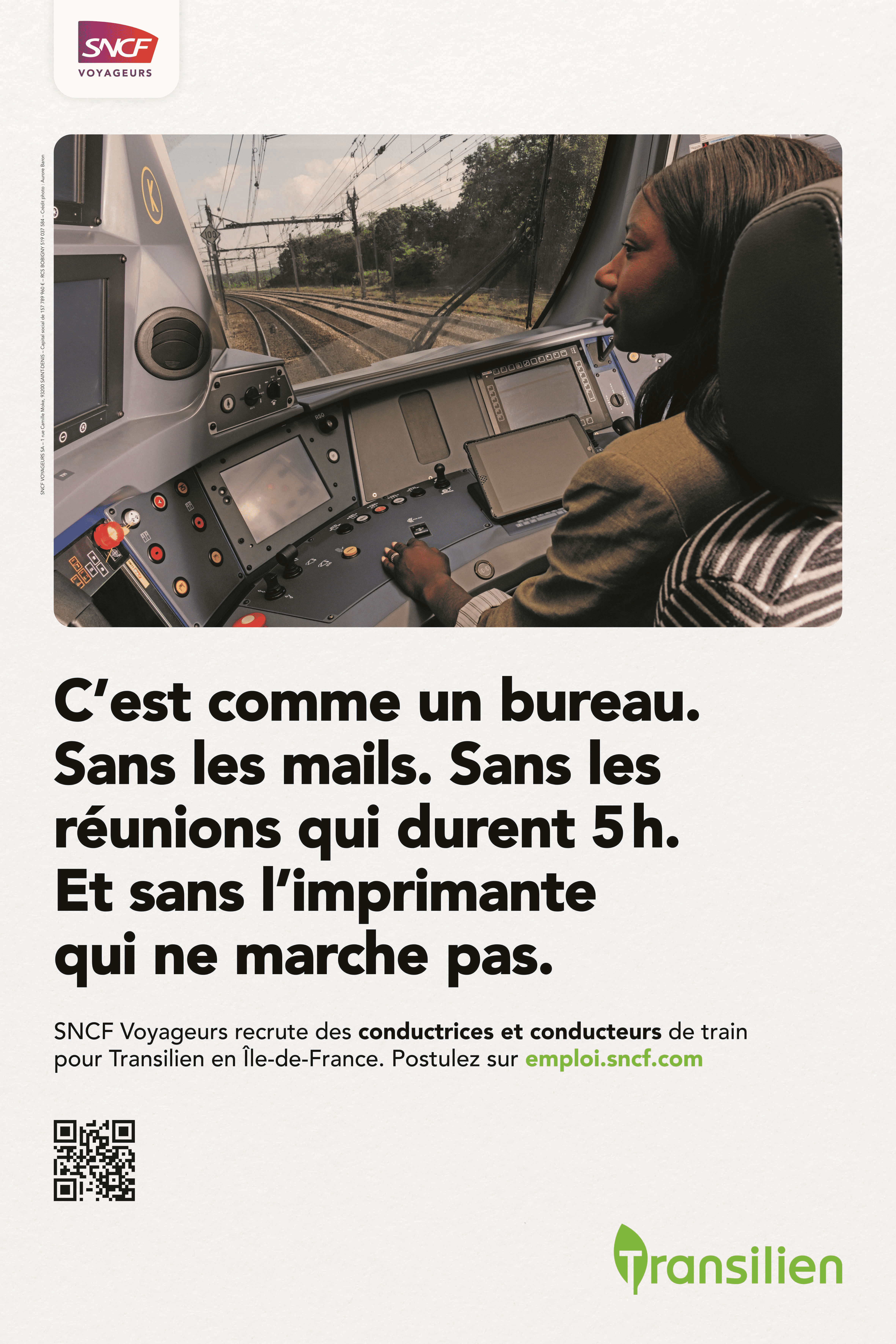 C'est comme un bureau. Sans les mails. Sans les réunions qui durent 5h. Et sans l'imprimante qui ne marche pas. SNCF Voyageurs recrute des conductrices et conducteurs de train pour Transilien en Île-de-France. Postulez sur emploi.sncf.com.