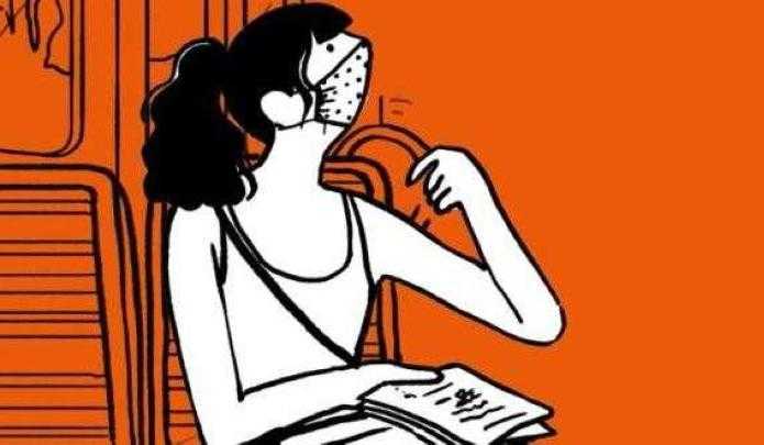 Un dessin illustrant une jeune femme assise et masquée à bord d'un train