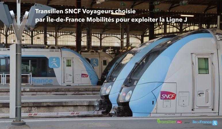 Trois rames Transilien SNCF Voyageurs aux couleurs bleu et blanc stationnées en gare, illustrant le choix d'Île-de-France Mobilités pour l'exploitation de la Ligne J.