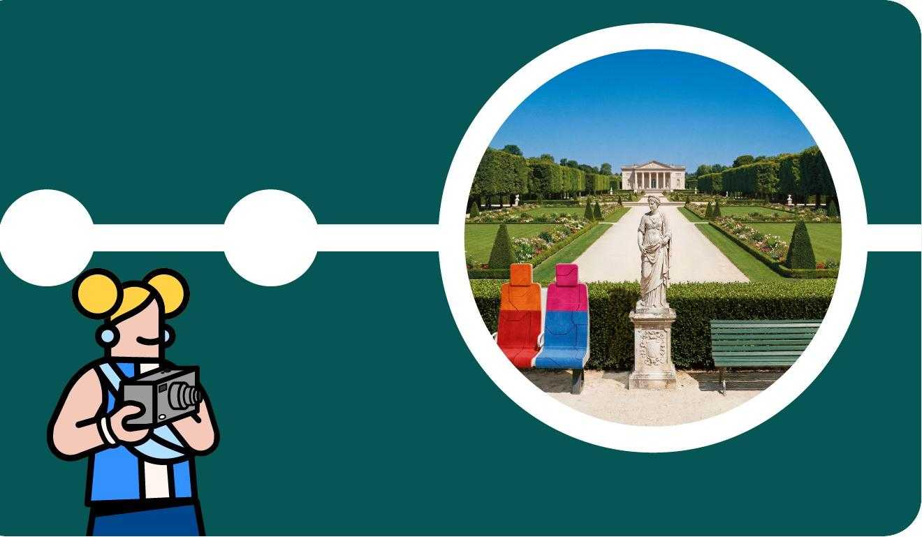 Illustration de style dessin animé représentant une photographe tenant un appareil photo, face à un jardin à la française avec statue et bâtiment classique. Deux sièges de train colorés symbolisent l'accès à des destinations en Transilien.
