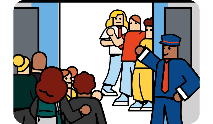 Illustration d'un agent SNCF régulant les flux de voyageurs à l'embarquement d'un train Transilien