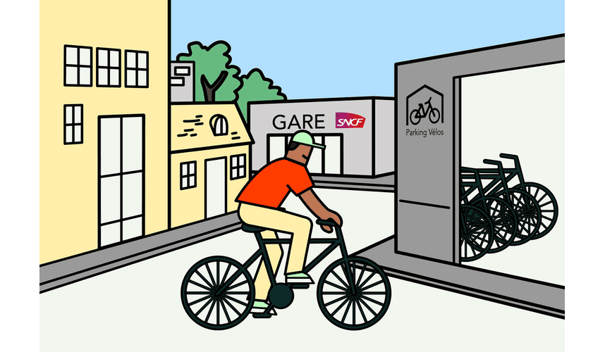 Illustration d'un cycliste se dirigeant vers un abri de stationnement vélos sécurisé devant une gare SNCF