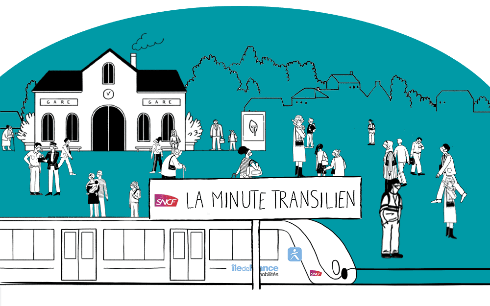 Dessin d'un train devant un quai avec un panneau SNCF La Minute Transilien. Logos Île-de-France Mobilités sur le train.