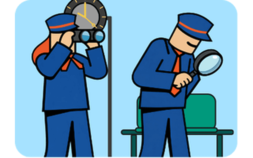 Illustration de deux agents SNCF recherchant un objet perdu : l’un regarde avec des jumelles, l’autre examine une loupe près d’un banc.